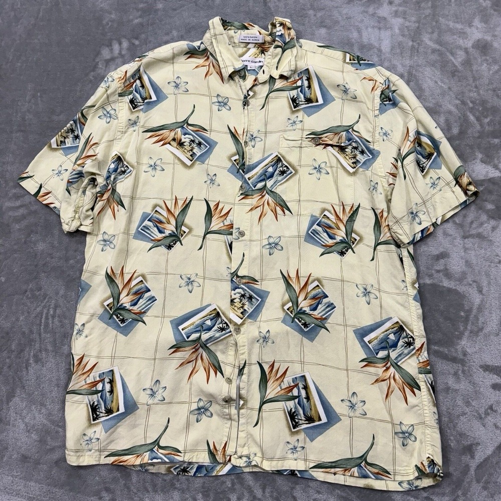 Pierre Cardin Shirt Mens Large Floral Short Sleeve Button Rayon Beach Vacation
